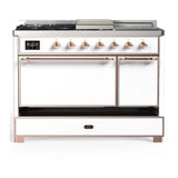 ILVE Majestic III 48-inch Dual Fuel Range with 5 Natural Gas Burner, Griddle, French Top and Solid Door Electric Oven in White with Copper Trim (UM48FSQNR3WHP)