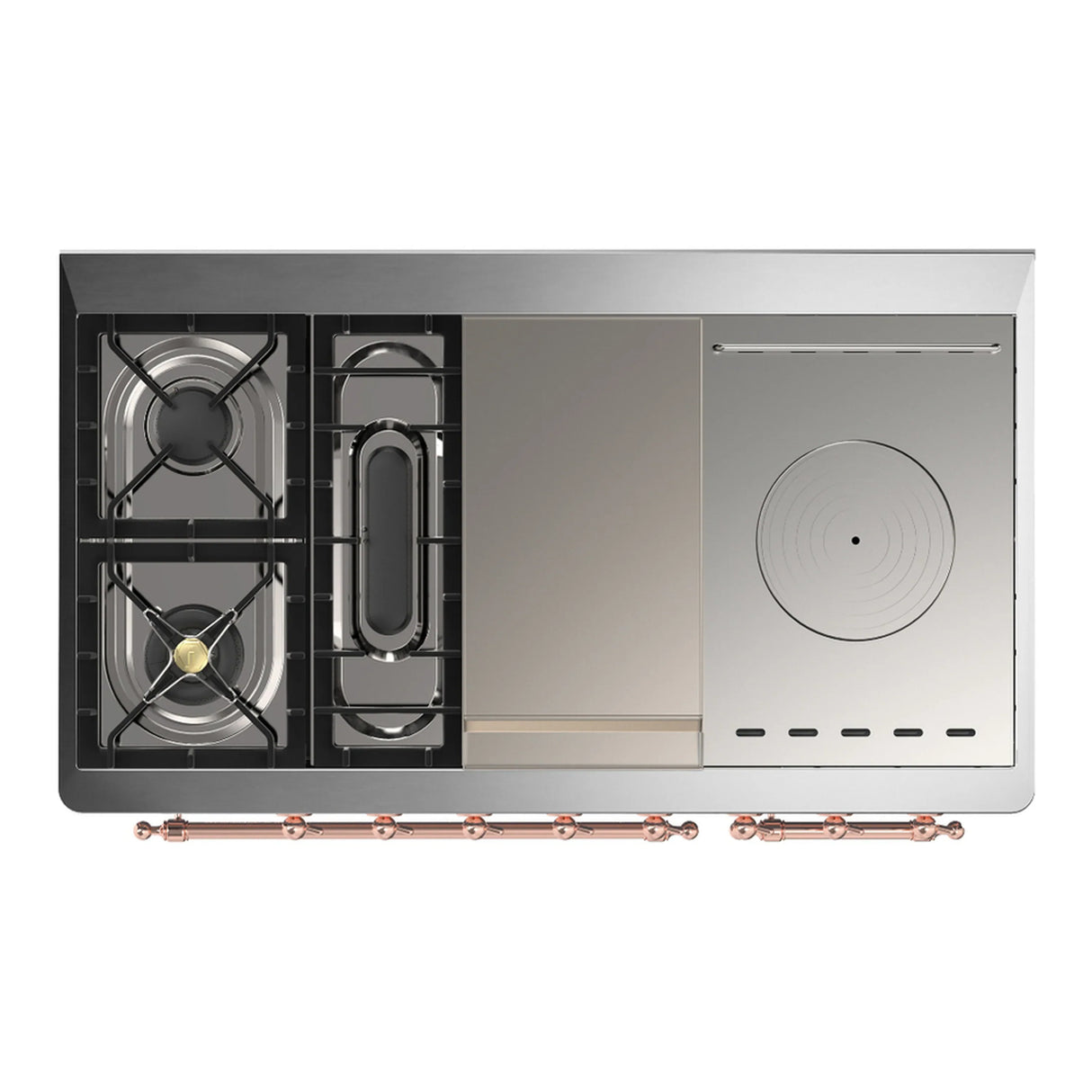 ILVE Majestic III 48-inch Dual Fuel Range with 5 Natural Gas Burner, Griddle, French Top and Solid Door Electric Oven in White with Copper Trim (UM48FSQNR3WHP)