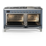ILVE Majestic III 60-inch Dual Fuel Range with 7 Natural Gas Burner, Griddle and Triple Glass Door Electric Oven in Blue Grey with Chrome Trim (UM60FNR3BGC)