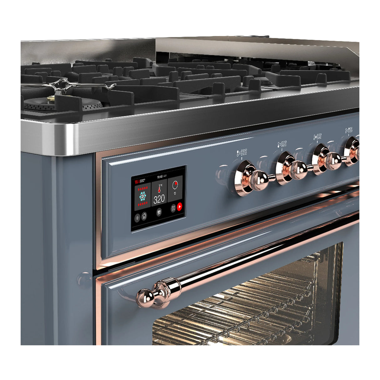 ILVE Majestic III 60-inch Dual Fuel Range with 5 Liquid Propane Burner, Griddle and Triple Glass Door Electric Oven in Blue Grey with Copper Trim (UM60FNR3BGPLP)