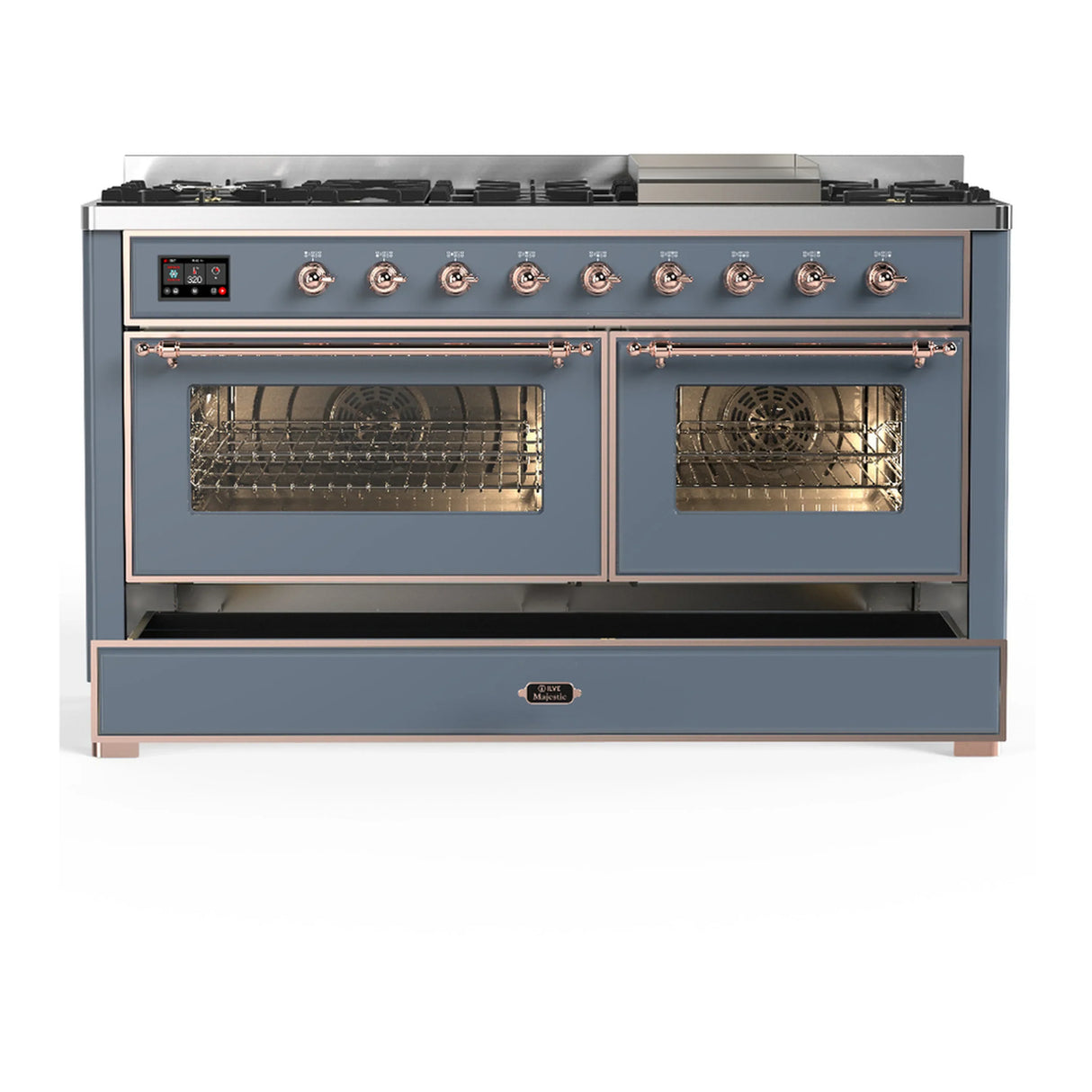 ILVE Majestic III 60-inch Dual Fuel Range with 5 Liquid Propane Burner, Griddle and Triple Glass Door Electric Oven in Blue Grey with Copper Trim (UM60FNR3BGPLP)