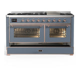 ILVE Majestic III 60-inch Dual Fuel Range with 5 Liquid Propane Burner, Griddle and Triple Glass Door Electric Oven in Blue Grey with Copper Trim (UM60FNR3BGPLP)