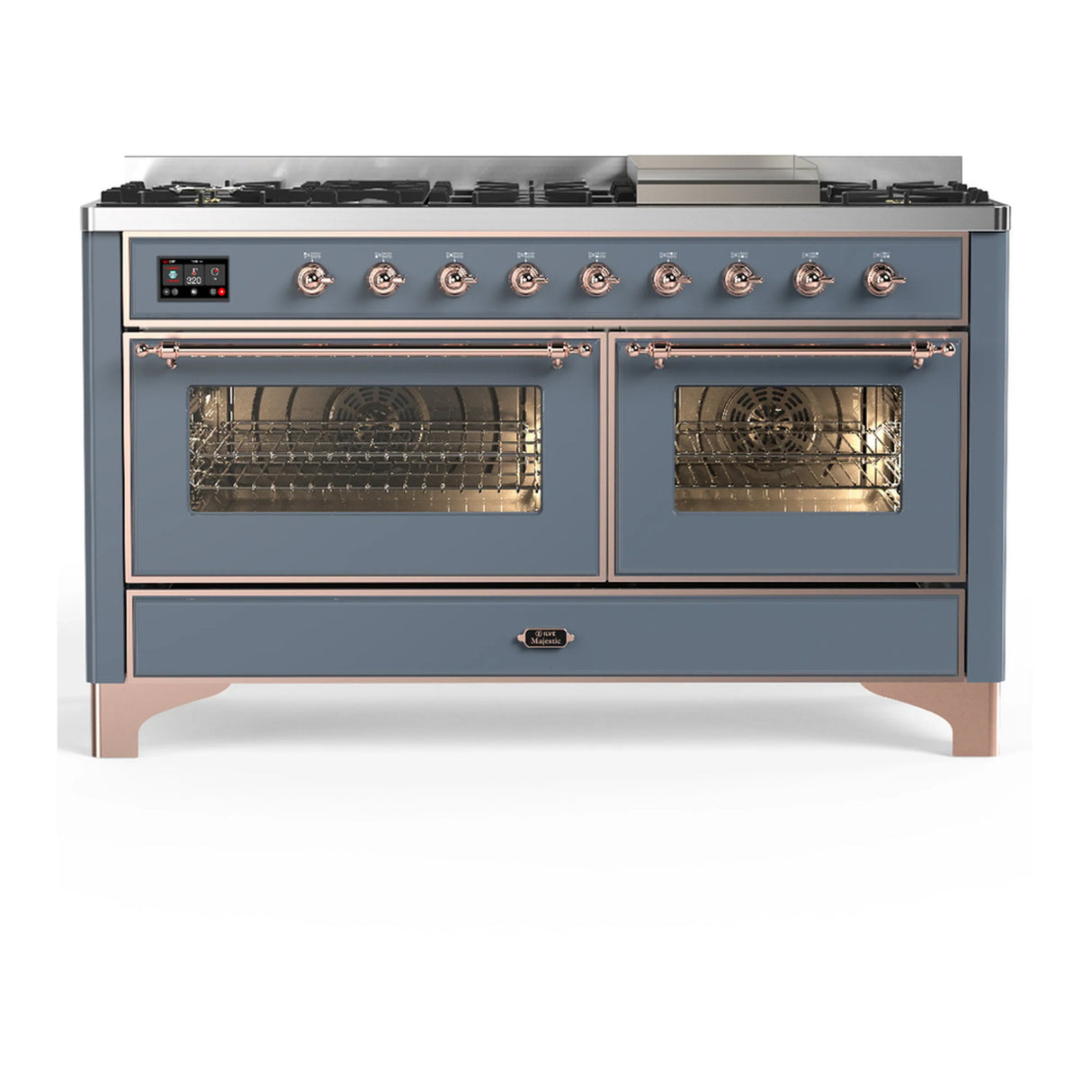 ILVE Majestic III 60-inch Dual Fuel Range with 5 Liquid Propane Burner, Griddle and Triple Glass Door Electric Oven in Blue Grey with Copper Trim (UM60FNR3BGPLP)