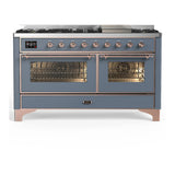 ILVE Majestic III 60-inch Dual Fuel Range with 5 Liquid Propane Burner, Griddle and Triple Glass Door Electric Oven in Blue Grey with Copper Trim (UM60FNR3BGPLP)