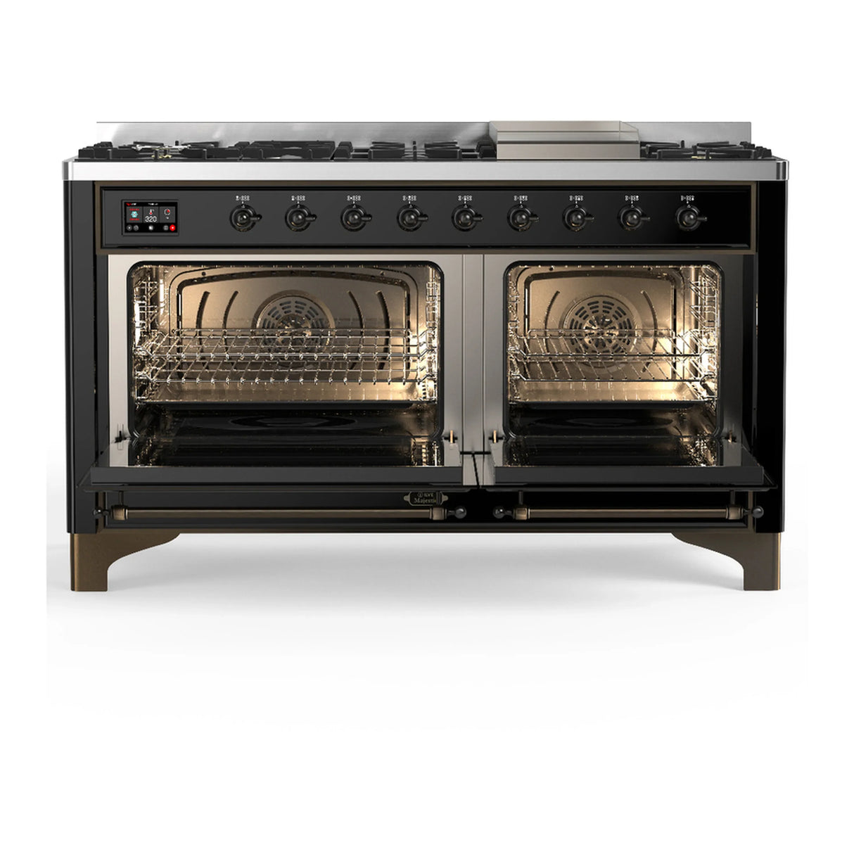 ILVE Majestic III 60-inch Dual Fuel Range with 5 Liquid Propane Burner, Griddle and Triple Glass Door Electric Oven in Glossy Black with Burnished Trim (UM60FNR3BKBLP)