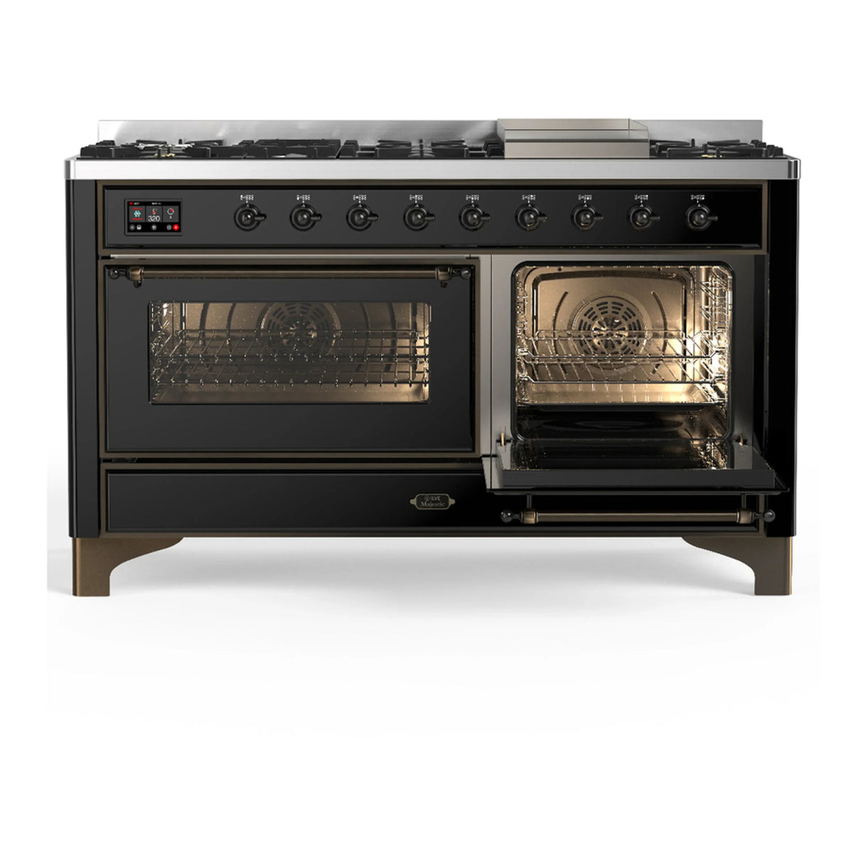 ILVE Majestic III 60-inch Dual Fuel Range with 5 Liquid Propane Burner, Griddle and Triple Glass Door Electric Oven in Glossy Black with Burnished Trim (UM60FNR3BKBLP)
