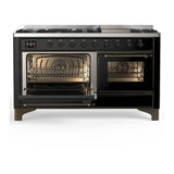ILVE Majestic III 60-inch Dual Fuel Range with 5 Liquid Propane Burner, Griddle and Triple Glass Door Electric Oven in Glossy Black with Burnished Trim (UM60FNR3BKBLP)