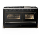 ILVE Majestic III 60-inch Dual Fuel Range with 5 Liquid Propane Burner, Griddle and Triple Glass Door Electric Oven in Glossy Black with Burnished Trim (UM60FNR3BKBLP)