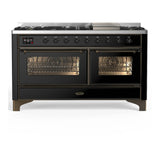 ILVE Majestic III 60-inch Dual Fuel Range with 5 Liquid Propane Burner, Griddle and Triple Glass Door Electric Oven in Glossy Black with Burnished Trim (UM60FNR3BKBLP)