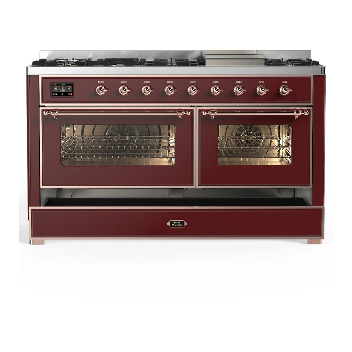 ILVE Majestic III 60-inch Dual Fuel Range with 7 Natural Gas Burner, Griddle and Triple Glass Door Electric Oven in Burgundy with Copper Trim (UM60FNR3BUP)