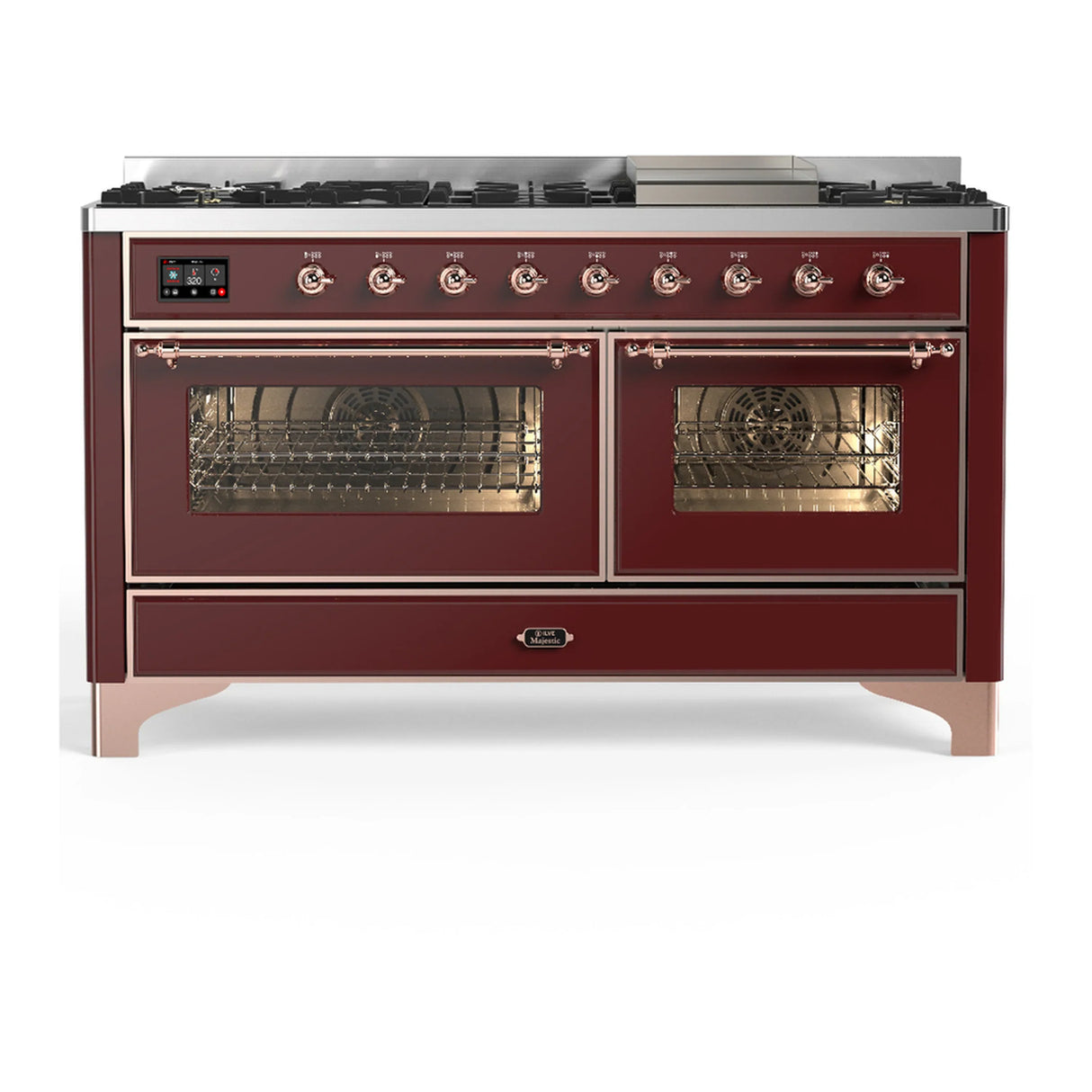 ILVE Majestic III 60-inch Dual Fuel Range with 7 Natural Gas Burner, Griddle and Triple Glass Door Electric Oven in Burgundy with Copper Trim (UM60FNR3BUP)