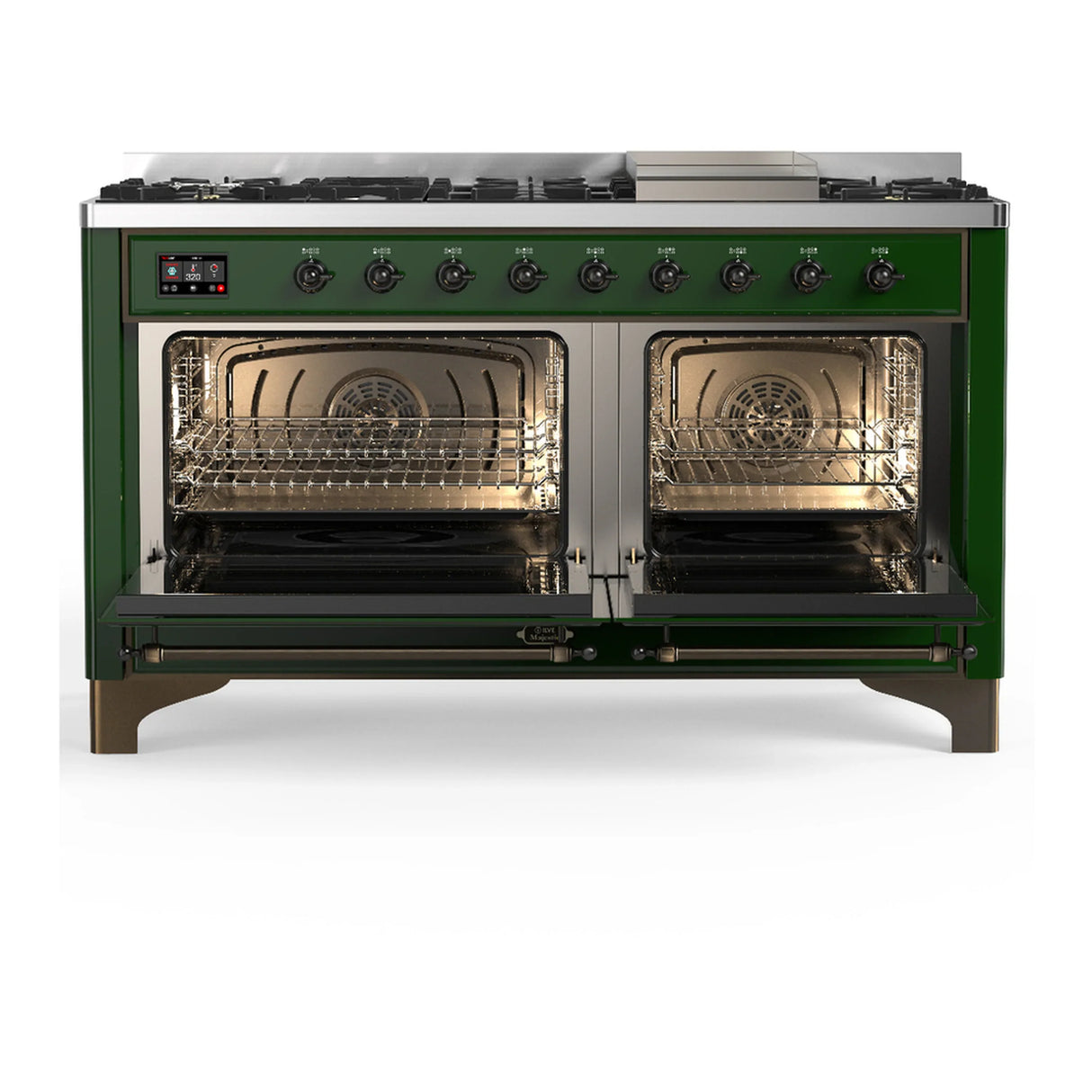 ILVE Majestic III 60-inch Dual Fuel Range with 5 Liquid Propane Burner, Griddle and Triple Glass Door Electric Oven in Emerald Green with Burnished Trim (UM60FNR3EGBLP)
