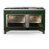 ILVE Majestic III 60-inch Dual Fuel Range with 5 Liquid Propane Burner, Griddle and Triple Glass Door Electric Oven in Emerald Green with Burnished Trim (UM60FNR3EGBLP)