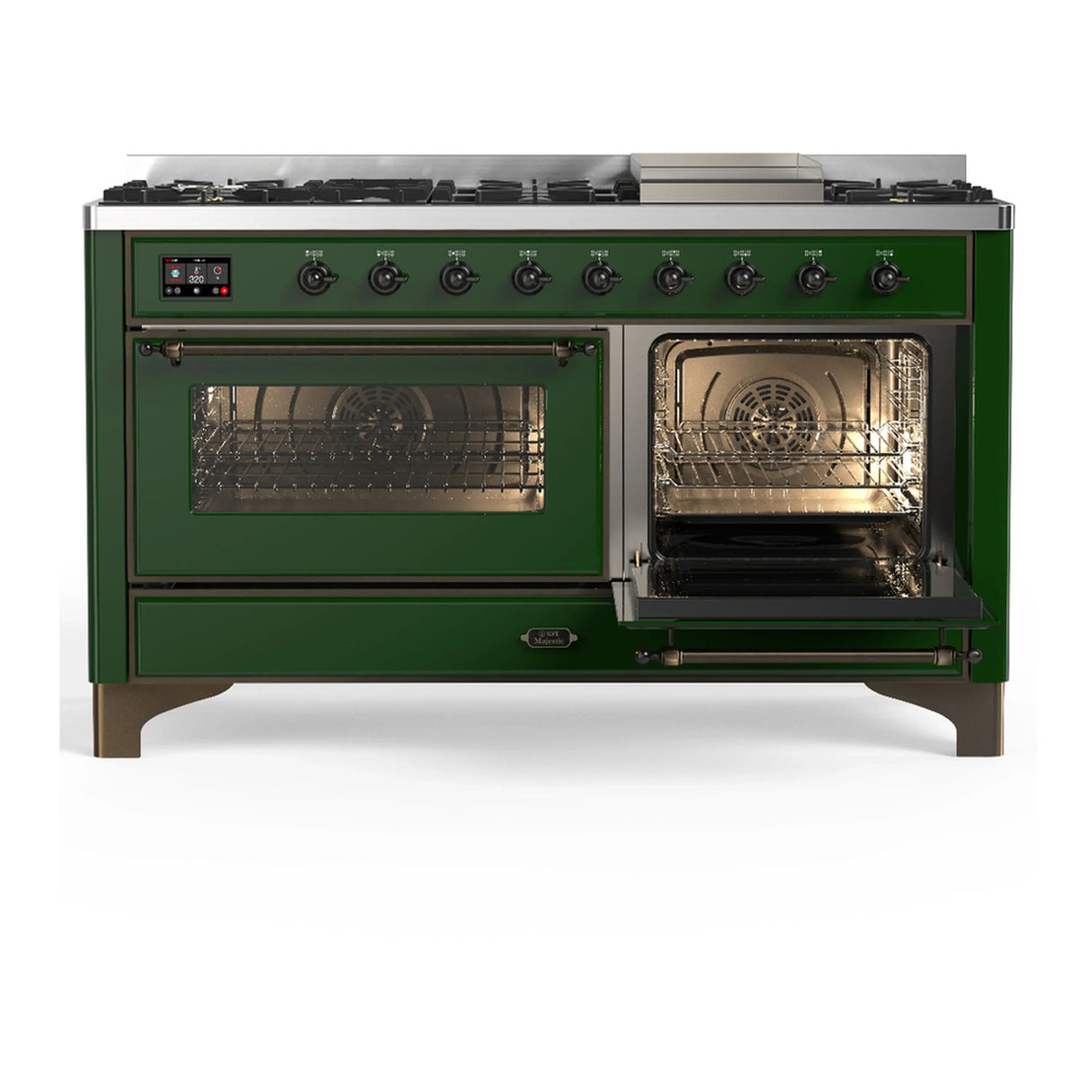 ILVE Majestic III 60-inch Dual Fuel Range with 5 Liquid Propane Burner, Griddle and Triple Glass Door Electric Oven in Emerald Green with Burnished Trim (UM60FNR3EGBLP)