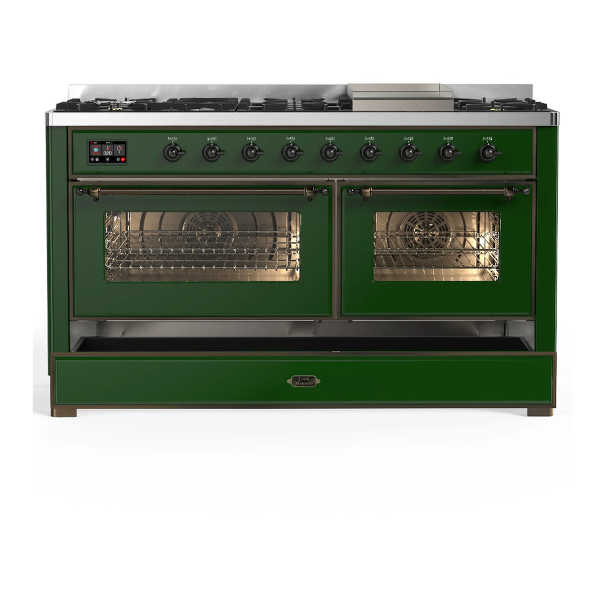 ILVE Majestic III 60-inch Dual Fuel Range with 5 Liquid Propane Burner, Griddle and Triple Glass Door Electric Oven in Emerald Green with Burnished Trim (UM60FNR3EGBLP)