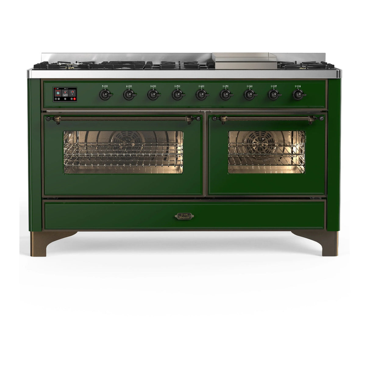 ILVE Majestic III 60-inch Dual Fuel Range with 5 Liquid Propane Burner, Griddle and Triple Glass Door Electric Oven in Emerald Green with Burnished Trim (UM60FNR3EGBLP)