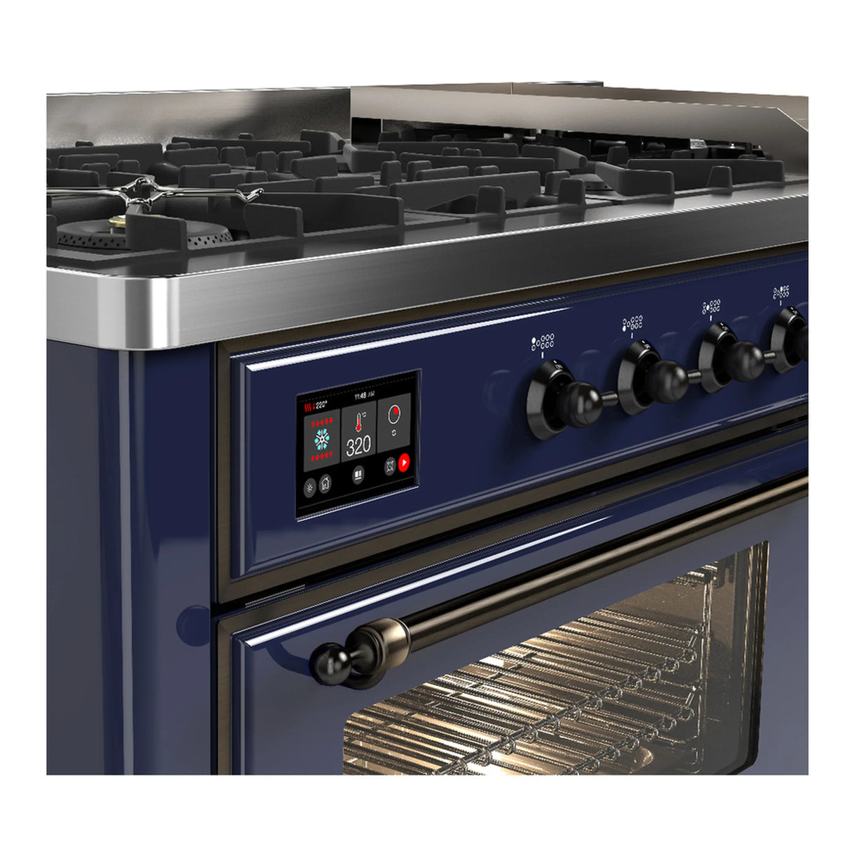 ILVE Majestic III 60-inch Dual Fuel Range with 7 Natural Gas Burner, Griddle and Triple Glass Door Electric Oven in Midnight Blue with Burnished Trim (UM60FNR3MBB)