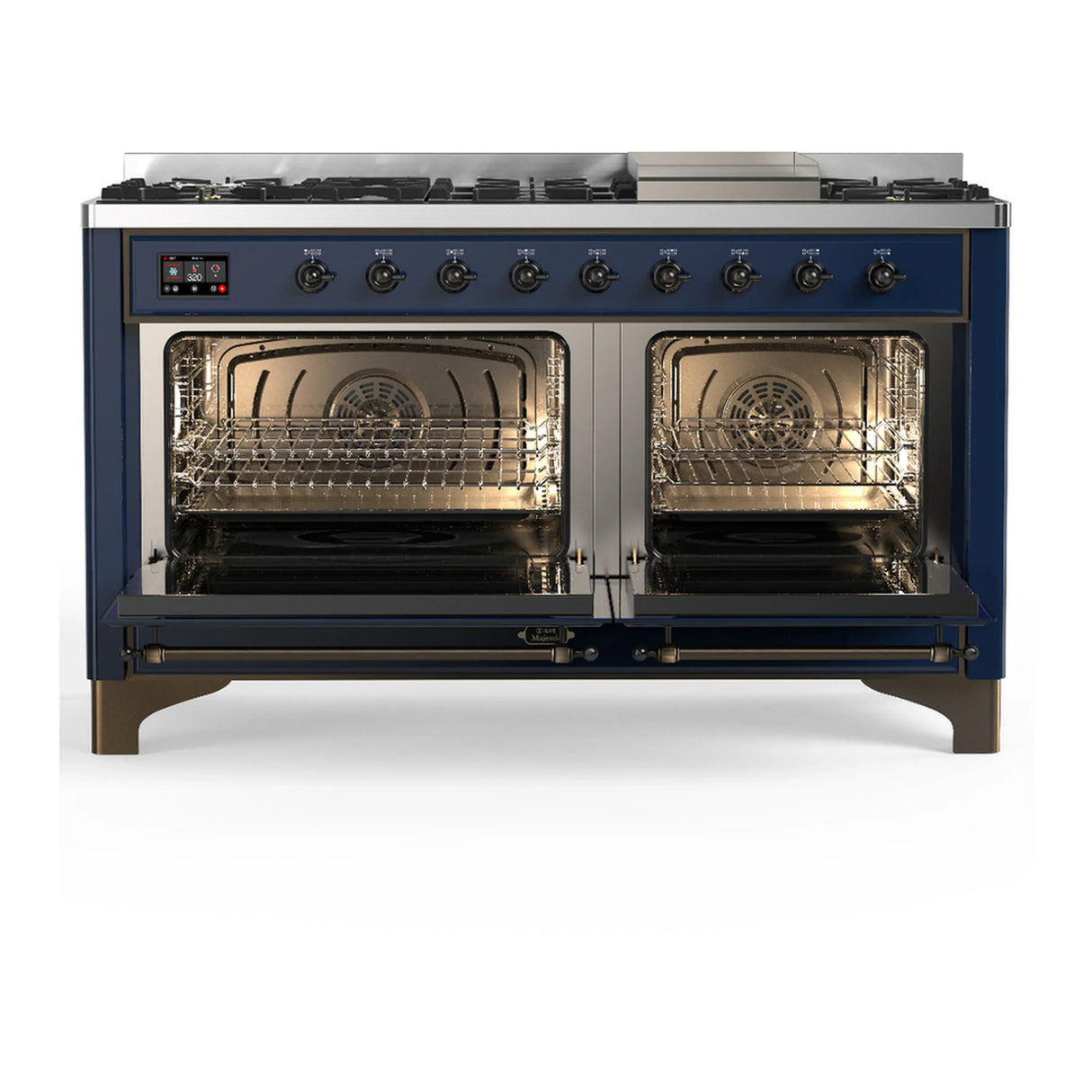 ILVE Majestic III 60-inch Dual Fuel Range with 7 Natural Gas Burner, Griddle and Triple Glass Door Electric Oven in Midnight Blue with Burnished Trim (UM60FNR3MBB)