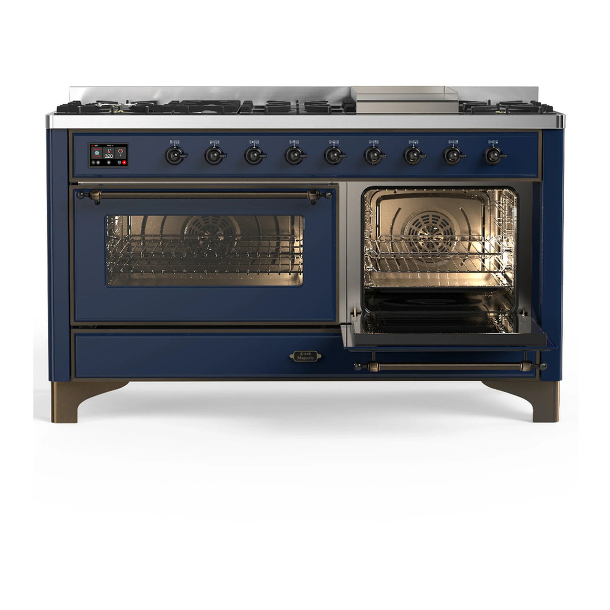 ILVE Majestic III 60-inch Dual Fuel Range with 7 Natural Gas Burner, Griddle and Triple Glass Door Electric Oven in Midnight Blue with Burnished Trim (UM60FNR3MBB)