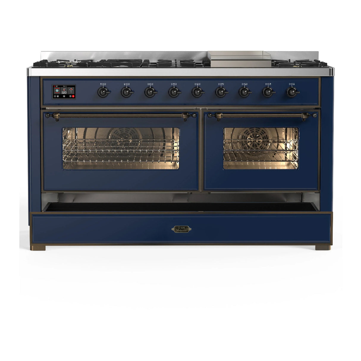 ILVE Majestic III 60-inch Dual Fuel Range with 7 Natural Gas Burner, Griddle and Triple Glass Door Electric Oven in Midnight Blue with Burnished Trim (UM60FNR3MBB)