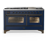 ILVE Majestic III 60-inch Dual Fuel Range with 7 Natural Gas Burner, Griddle and Triple Glass Door Electric Oven in Midnight Blue with Burnished Trim (UM60FNR3MBB)