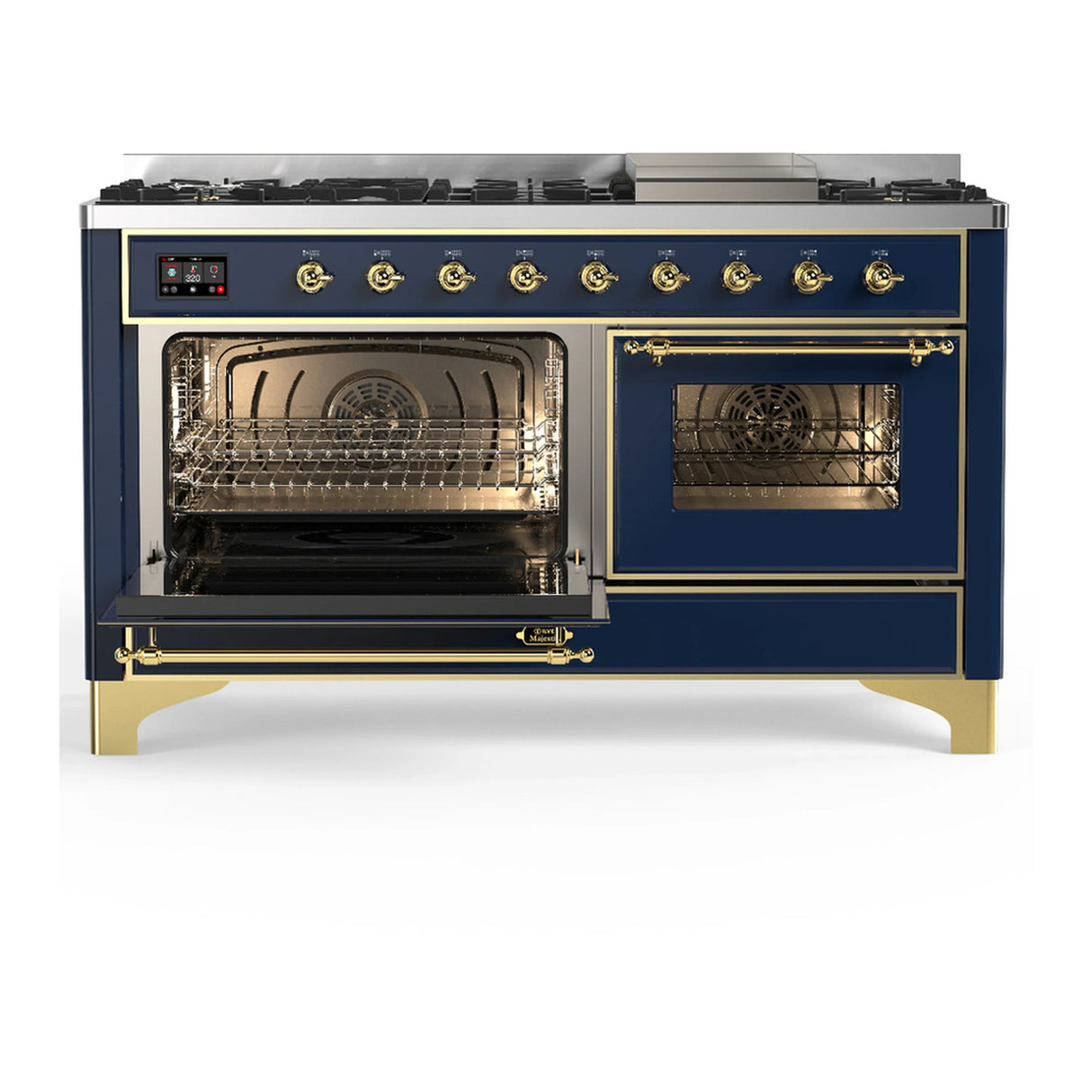 ILVE Majestic III 60-inch Dual Fuel Range with 7 Natural Gas Burner, Griddle and Triple Glass Door Electric Oven in Blue Grey with Brass Trim (UM60FNR3MBG)