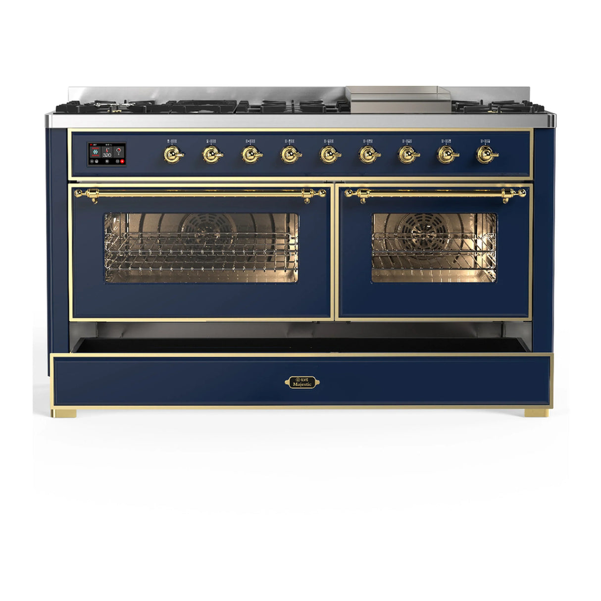 ILVE Majestic III 60-inch Dual Fuel Range with 7 Natural Gas Burner, Griddle and Triple Glass Door Electric Oven in Blue Grey with Brass Trim (UM60FNR3MBG)