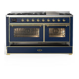 ILVE Majestic III 60-inch Dual Fuel Range with 7 Natural Gas Burner, Griddle and Triple Glass Door Electric Oven in Blue Grey with Brass Trim (UM60FNR3MBG)