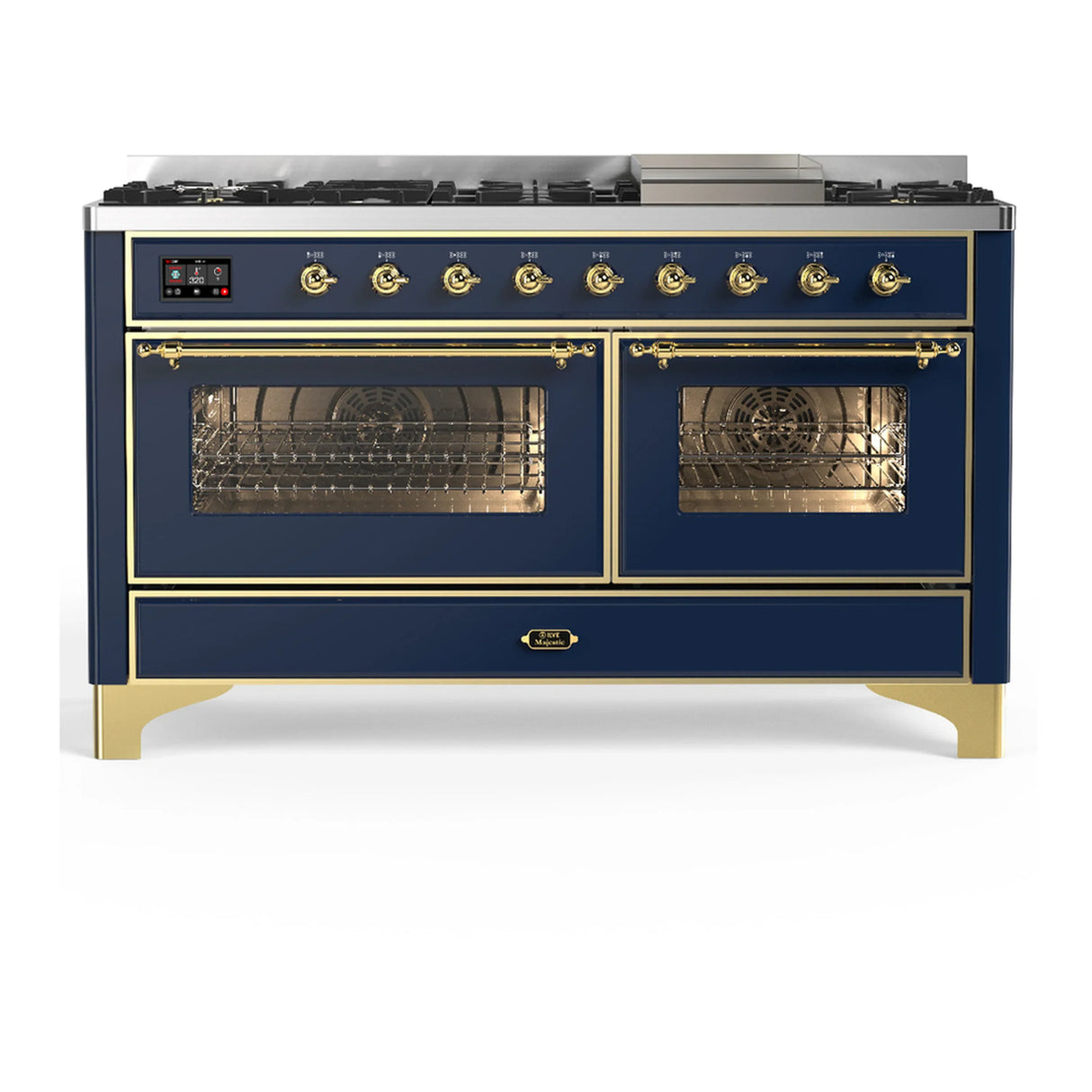 ILVE Majestic III 60-inch Dual Fuel Range with 7 Natural Gas Burner, Griddle and Triple Glass Door Electric Oven in Blue Grey with Brass Trim (UM60FNR3MBG)