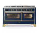 ILVE Majestic III 60-inch Dual Fuel Range with 7 Natural Gas Burner, Griddle and Triple Glass Door Electric Oven in Blue Grey with Brass Trim (UM60FNR3MBG)