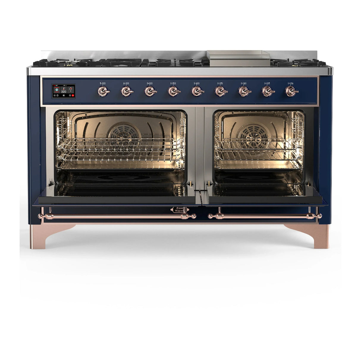 ILVE Majestic III 60-inch Dual Fuel Range with 7 Natural Gas Burner, Griddle and Triple Glass Door Electric Oven in Midnight Blue with Copper Trim (UM60FNR3MBP)
