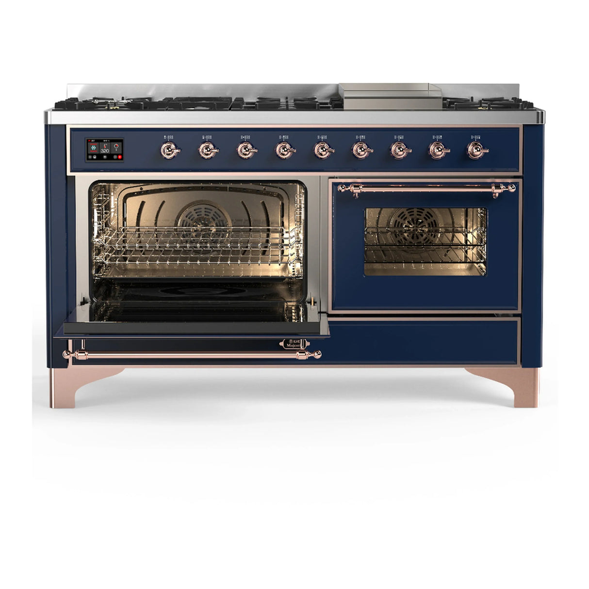 ILVE Majestic III 60-inch Dual Fuel Range with 7 Natural Gas Burner, Griddle and Triple Glass Door Electric Oven in Midnight Blue with Copper Trim (UM60FNR3MBP)