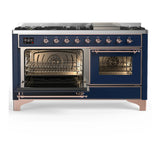 ILVE Majestic III 60-inch Dual Fuel Range with 7 Natural Gas Burner, Griddle and Triple Glass Door Electric Oven in Midnight Blue with Copper Trim (UM60FNR3MBP)