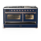 ILVE Majestic III 60-inch Dual Fuel Range with 7 Natural Gas Burner, Griddle and Triple Glass Door Electric Oven in Midnight Blue with Copper Trim (UM60FNR3MBP)