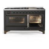 ILVE Majestic III 60-inch Dual Fuel Range with 7 Natural Gas Burner, Griddle and Triple Glass Door Electric Oven in Graphite Matte with Burnished Trim (UM60FNR3MGB)