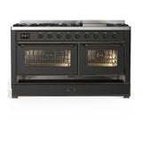 ILVE Majestic III 60-inch Dual Fuel Range with 7 Natural Gas Burner, Griddle and Triple Glass Door Electric Oven in Graphite Matte with Burnished Trim (UM60FNR3MGB)