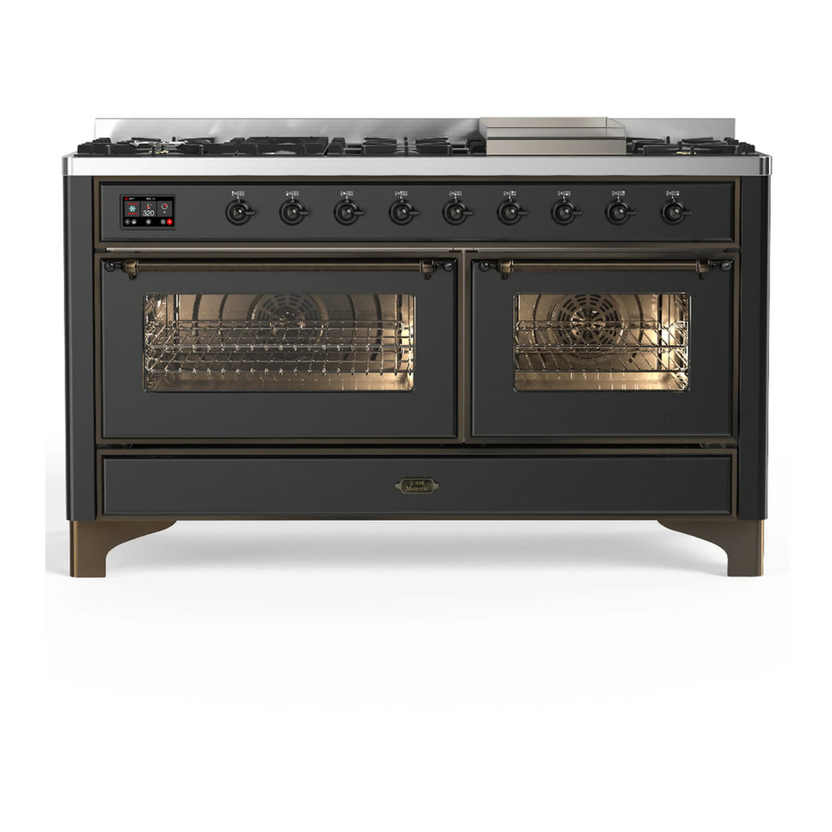 ILVE Majestic III 60-inch Dual Fuel Range with 7 Natural Gas Burner, Griddle and Triple Glass Door Electric Oven in Graphite Matte with Burnished Trim (UM60FNR3MGB)