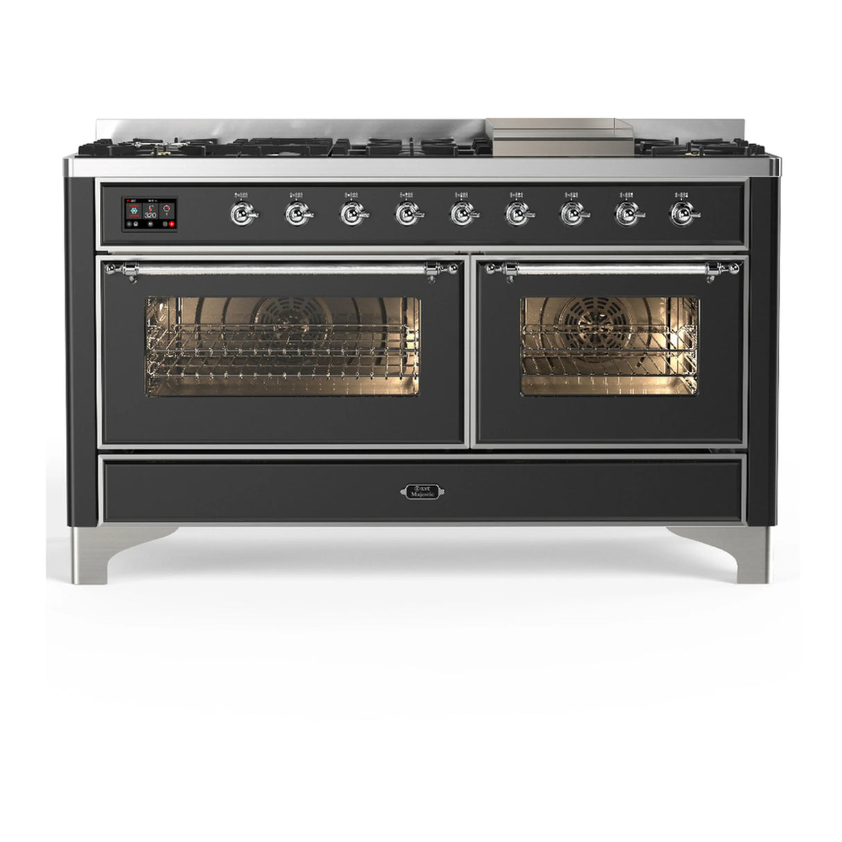 ILVE Majestic III 60-inch Dual Fuel Range with 5 Liquid Propane Burner, Griddle and Triple Glass Door Electric Oven in Graphite Matte with Chrome Trim (UM60FNR3MGCLP)