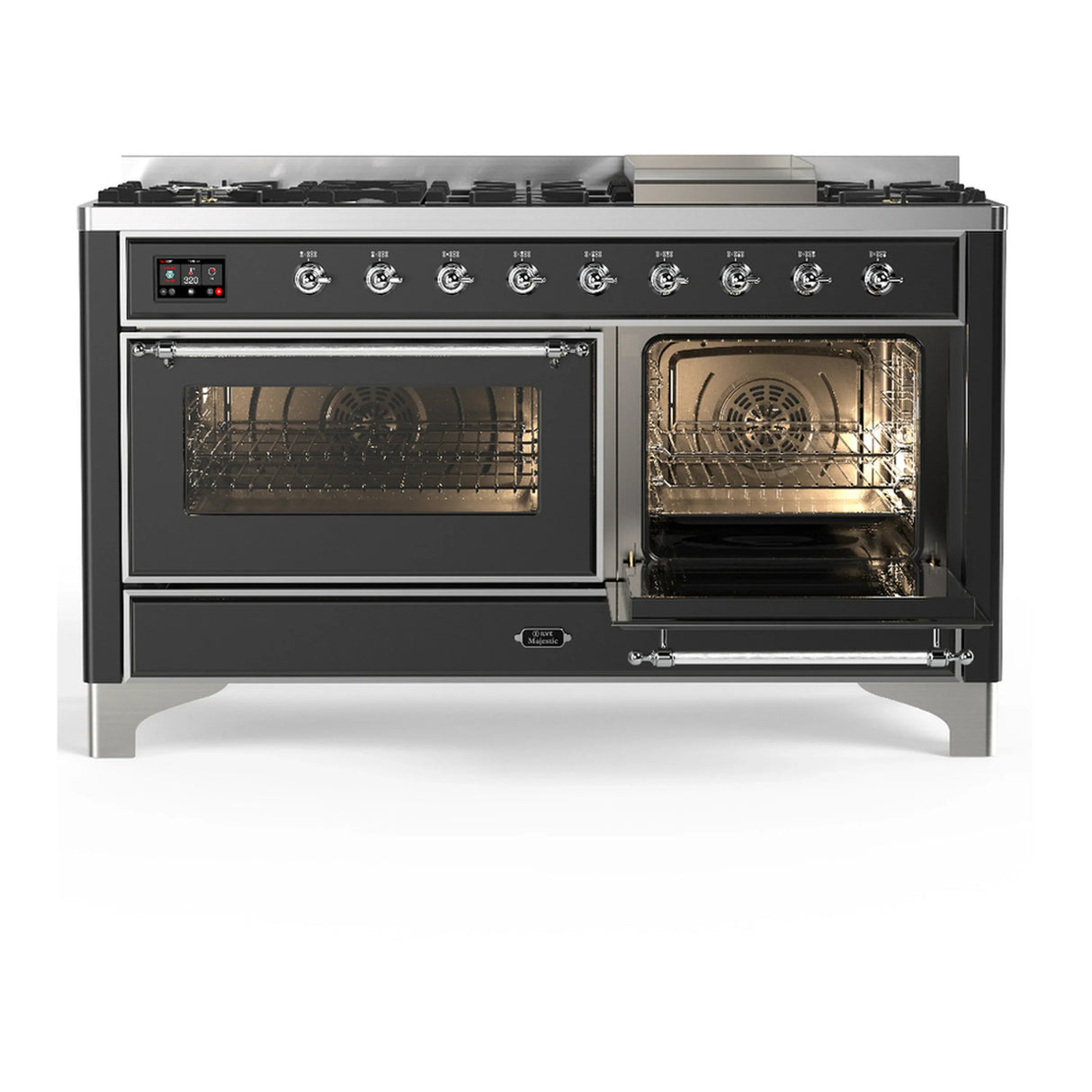 ILVE Majestic III 60-inch Dual Fuel Range with 7 Natural Gas Burner, Griddle and Triple Glass Door Electric Oven in Graphite Matte with Chrome Trim (UM60FNR3MGC)