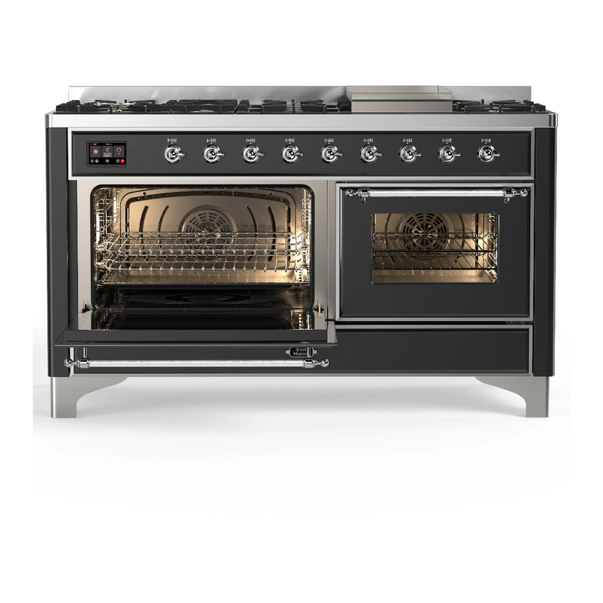 ILVE Majestic III 60-inch Dual Fuel Range with 7 Natural Gas Burner, Griddle and Triple Glass Door Electric Oven in Graphite Matte with Chrome Trim (UM60FNR3MGC)