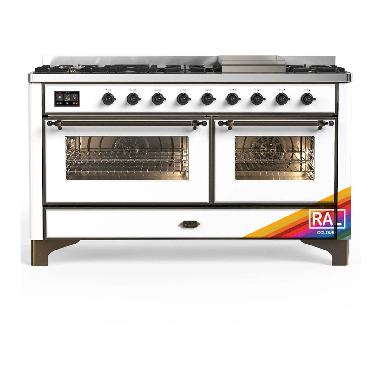 ILVE Majestic III 60-inch Dual Fuel Range with 5 Liquid Propane Burner, Griddle and Triple Glass Door Electric Oven in RAL with Burnished Trim (UM60FNR3RABLP)