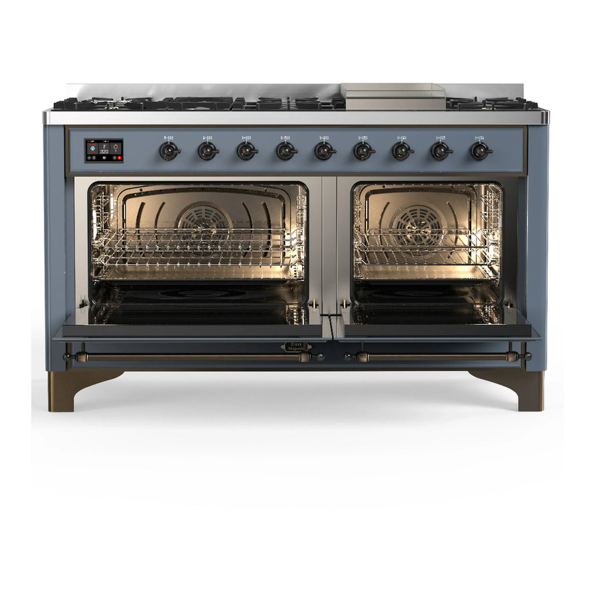 ILVE Majestic III 60-inch Dual Fuel Range with 7 Natural Gas Burner, Griddle and Solid Door Electric Oven in Blue Grey with Burnished Trim (UM60FQNR3BGB)