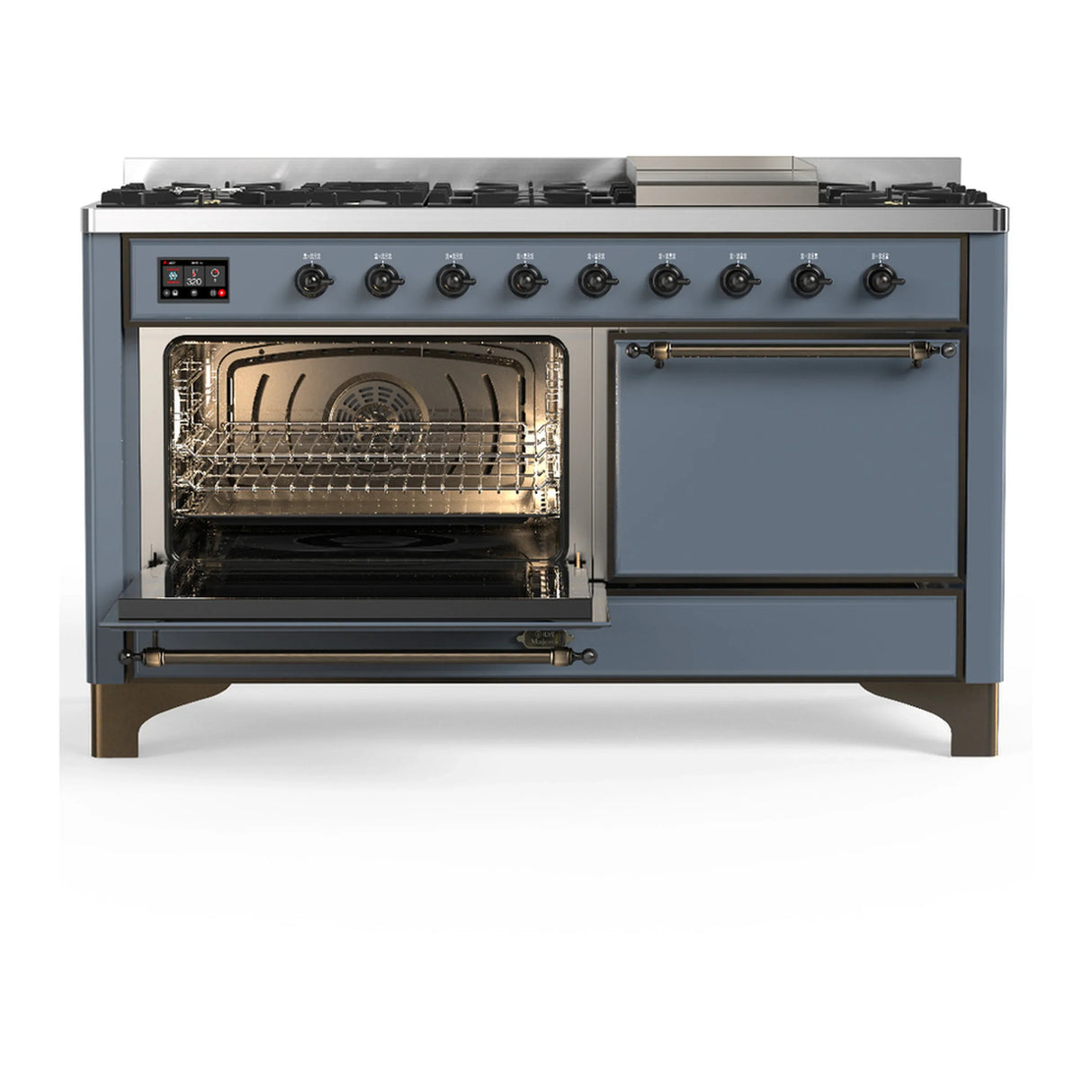 ILVE Majestic III 60-inch Dual Fuel Range with 7 Natural Gas Burner, Griddle and Solid Door Electric Oven in Blue Grey with Burnished Trim (UM60FQNR3BGB)