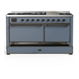 ILVE Majestic III 60-inch Dual Fuel Range with 7 Natural Gas Burner, Griddle and Solid Door Electric Oven in Blue Grey with Burnished Trim (UM60FQNR3BGB)