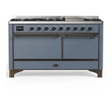 ILVE Majestic III 60-inch Dual Fuel Range with 7 Natural Gas Burner, Griddle and Solid Door Electric Oven in Blue Grey with Burnished Trim (UM60FQNR3BGB)