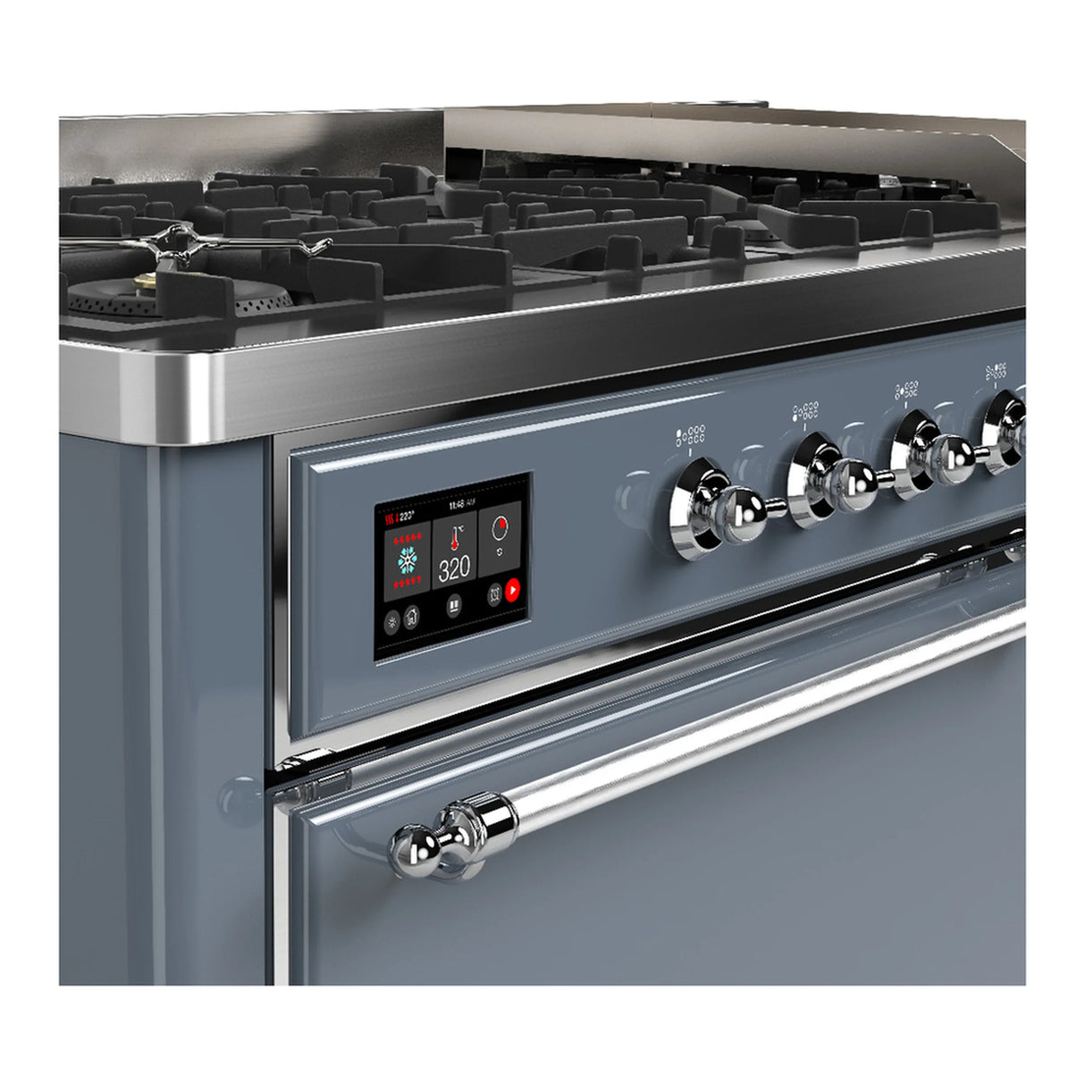 ILVE Majestic III 60-inch Dual Fuel Range with 5 Liquid Propane Burner, Griddle and Solid Door Electric Oven in Blue Grey with Chrome Trim (UM60FQNR3BGCLP)