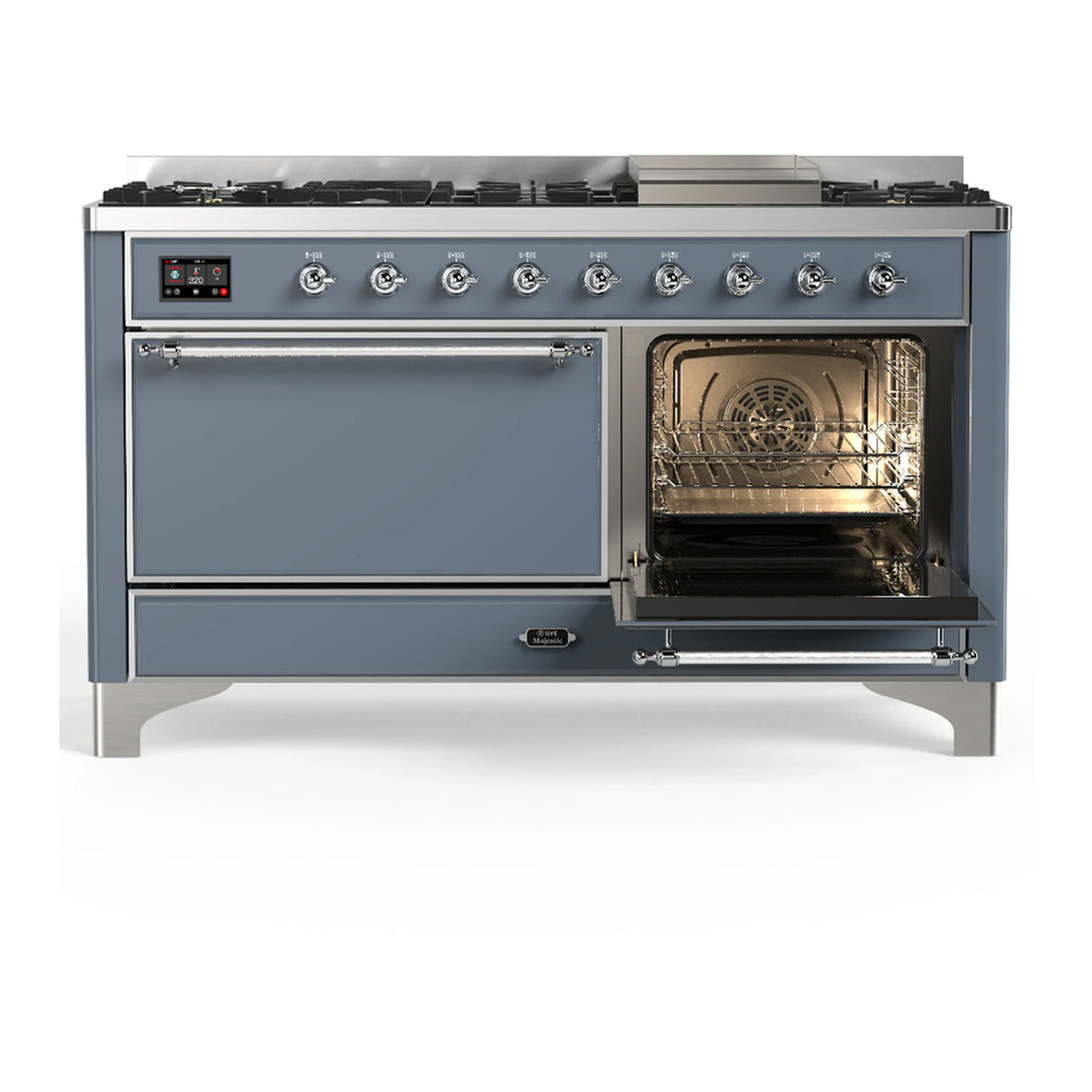 ILVE Majestic III 60-inch Dual Fuel Range with 5 Liquid Propane Burner, Griddle and Solid Door Electric Oven in Blue Grey with Chrome Trim (UM60FQNR3BGCLP)