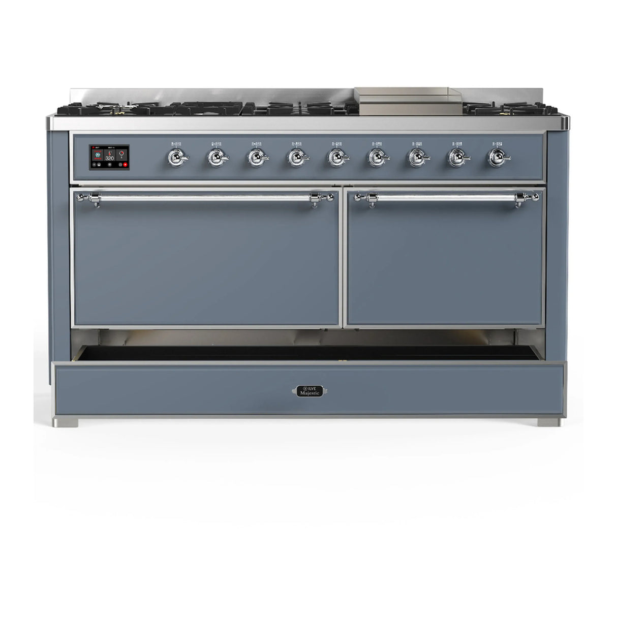 ILVE Majestic III 60-inch Dual Fuel Range with 5 Liquid Propane Burner, Griddle and Solid Door Electric Oven in Blue Grey with Chrome Trim (UM60FQNR3BGCLP)