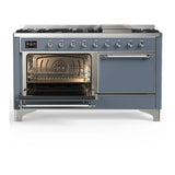 ILVE Majestic III 60-inch Dual Fuel Range with 7 Natural Gas Burner, Griddle and Solid Door Electric Oven in Blue Grey with Chrome Trim (UM60FQNR3BGC)