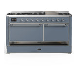 ILVE Majestic III 60-inch Dual Fuel Range with 7 Natural Gas Burner, Griddle and Solid Door Electric Oven in Blue Grey with Chrome Trim (UM60FQNR3BGC)
